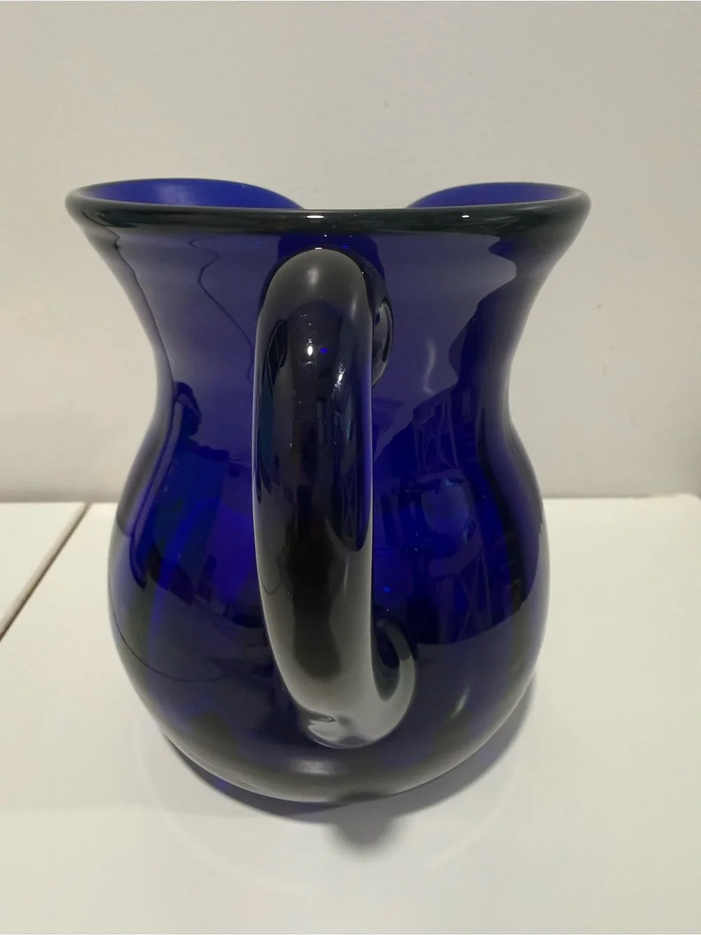 Vintage Cobalt Blue Hand Blown Glass Pitcher Vase Mid Century Art Glass - Blenko